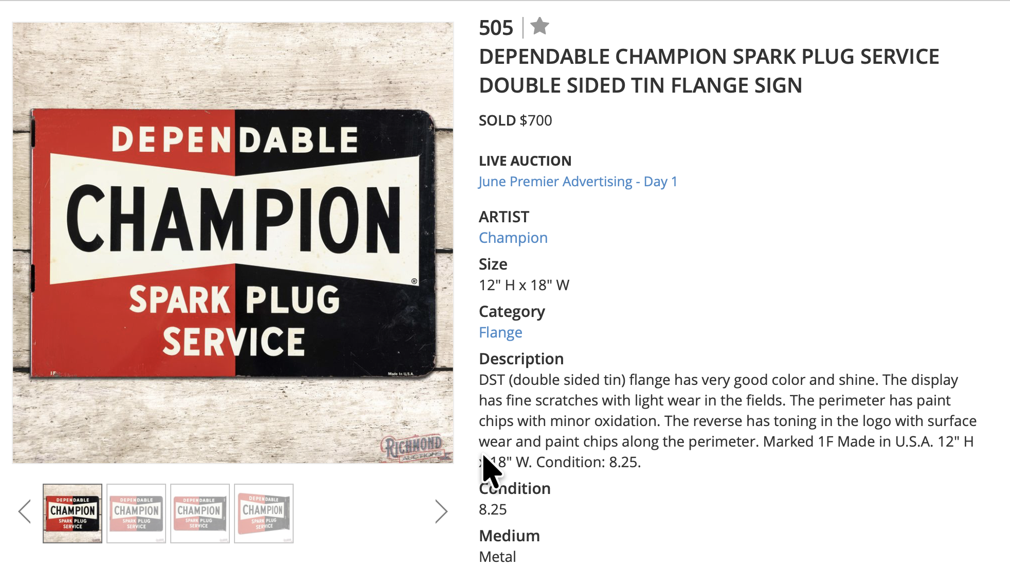 Vintage Dependable Champion Spark Plug Enamel Metal Sign